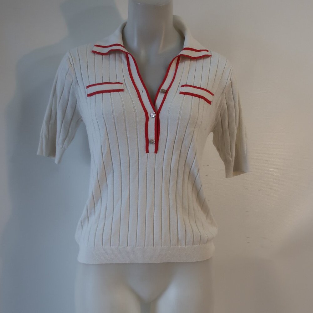 Womens Minnie Rose White Red Cotton Cashmere Collared V-Neck Knit Polo Top S